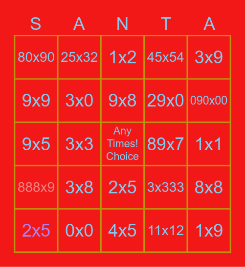 Santa Multiplication Bingo Card