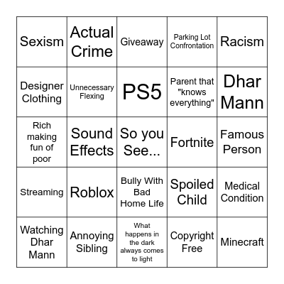 Dharr Mann Bingo Card