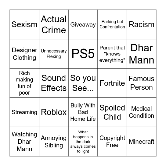 Dharr Mann Bingo Card