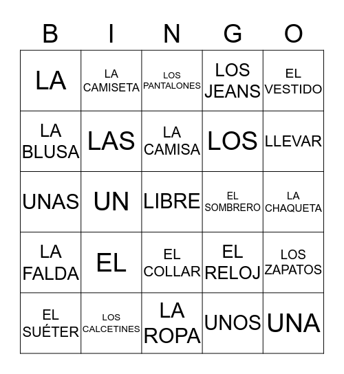 SPANISH WORDS Bingo Card