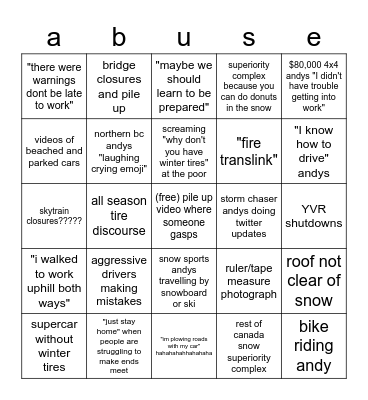 Vancouver Snowstorm Bingo Card