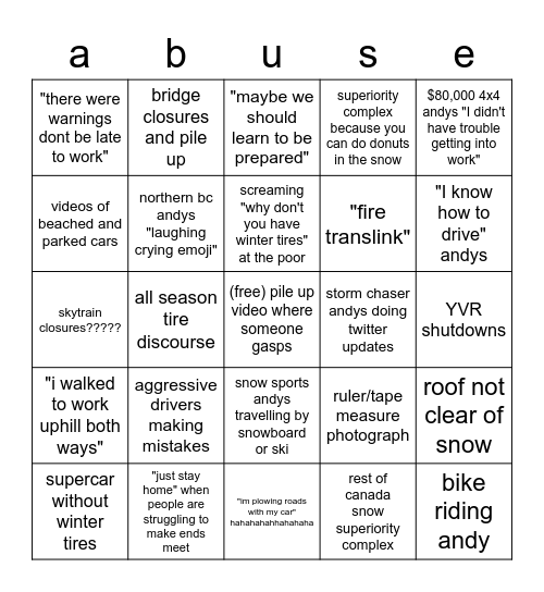 Vancouver Snowstorm Bingo Card