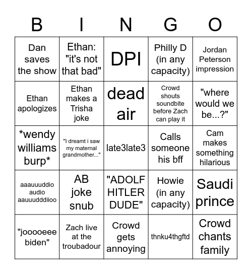 H3 Live Show Bingo/Drinking/Smoking Game Bingo Card