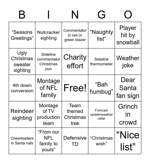 Holiday Football BINGO Card