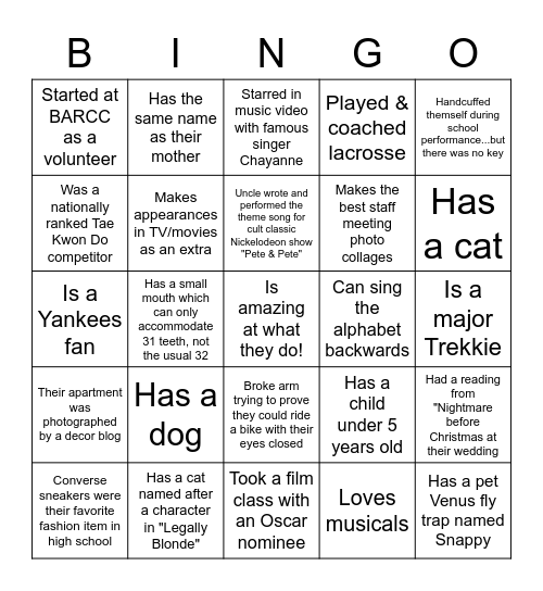 BARCC Staff Trivia 2023 Bingo Card