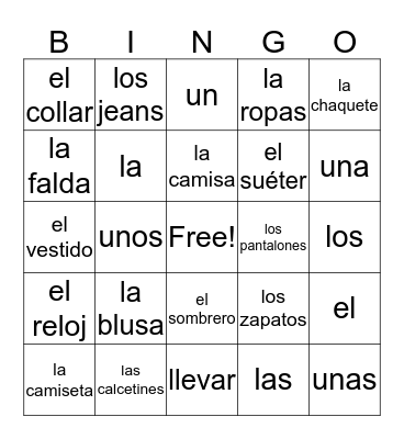 Spanish Clothes Bingo Card
