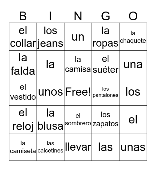 Spanish Clothes Bingo Card