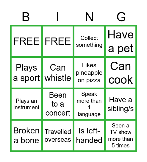 Get to know me BINGO Card