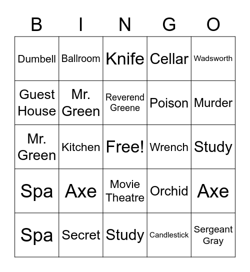 Clue Bingo Card
