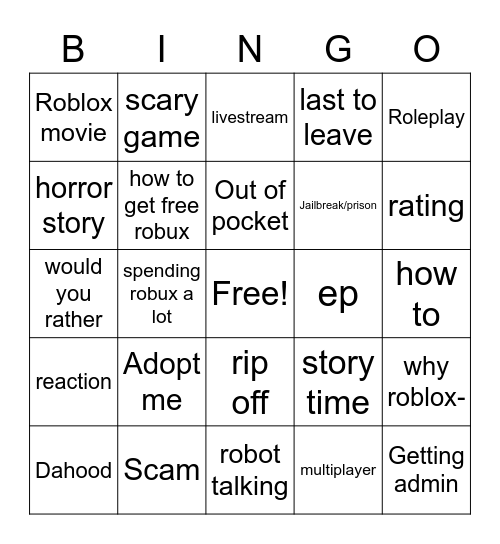 Roblox Bingo Card