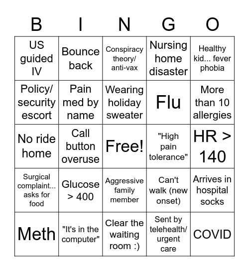 Holiday ER Bingo Card