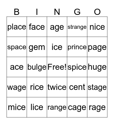Soft c and Soft g Bingo Card