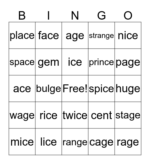 Soft c and Soft g Bingo Card