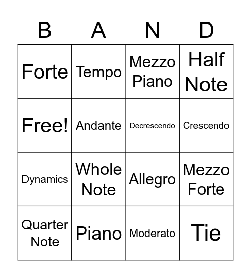 7/8th Grade Band Bingo Card