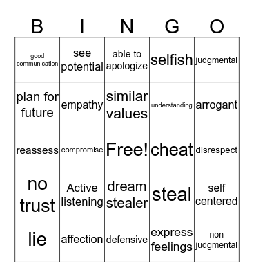 Relationship Bingo Card