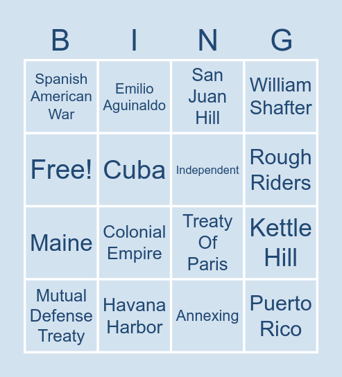 Spanish American War Bingo Card