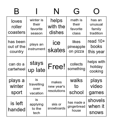 Pre-Holiday Bingo Card
