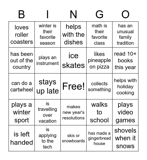 Pre-Holiday Bingo Card