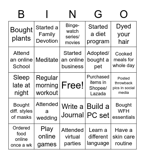 Things you do during pandemic Bingo Card