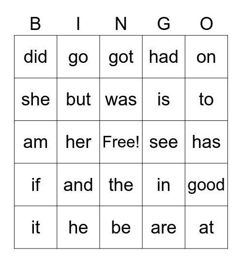 Sight Word BINGO Card