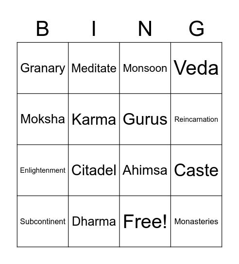 Ancient India Bingo Card