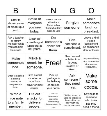 Winter Break Kindness Bingo Card