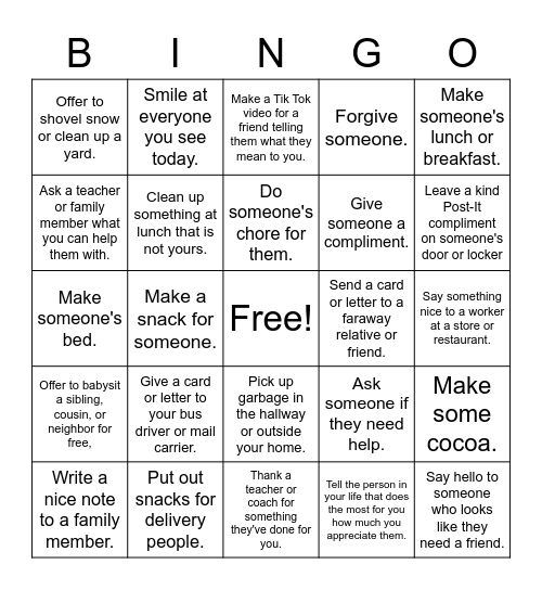 Winter Break Kindness Bingo Card