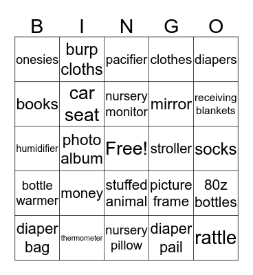 Karrington's Shower Bingo Card