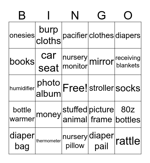 Karrington's Shower Bingo Card