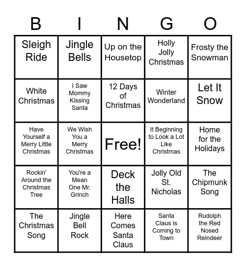 Christmas Songs Bingo Card