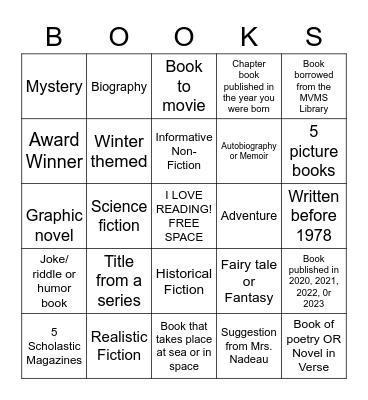 Book Genre Bingo Card