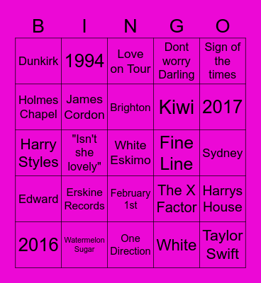 Harry Styles Quiz Bingo Card