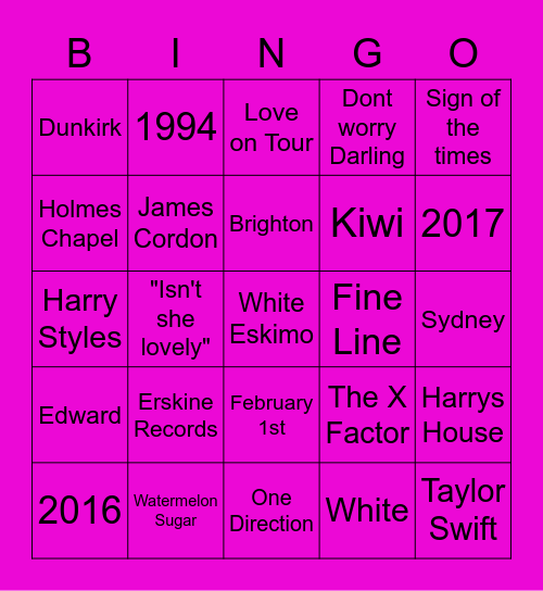Harry Styles Quiz Bingo Card