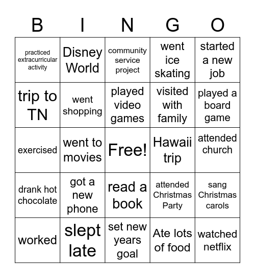 Christmas Break Bingo Card