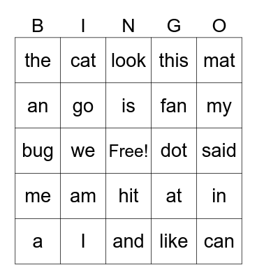 Kindergarten Bingo Card