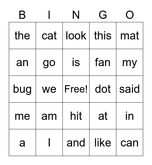 Kindergarten Bingo Card