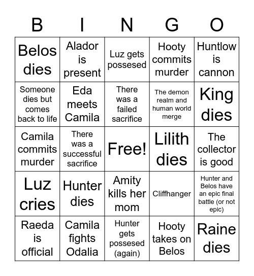 The Owl House season 3 episode 2 Bingo Card