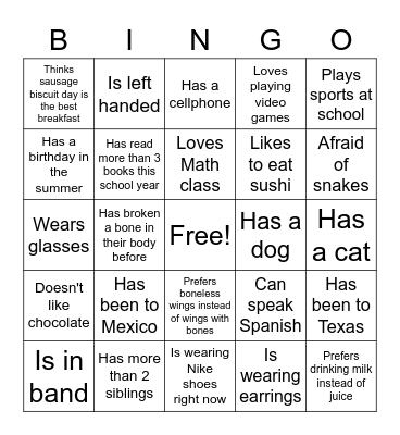 Back to School BINGO Card
