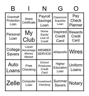Products & Services Bingo Card