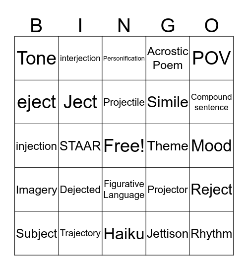 Word List Bingo Card