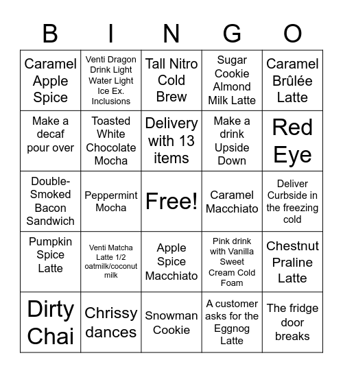 Barista Bingo Card