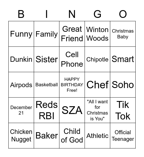 Aubrey's 13th Birthday Bingo Card