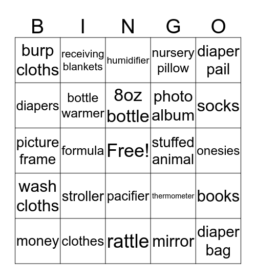 Karrington's Shower Bingo Card