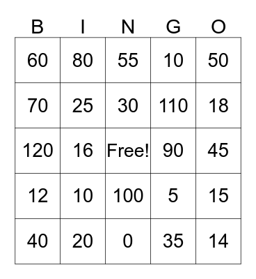 Multiplication 2s, 5s, and 10s Bingo Card