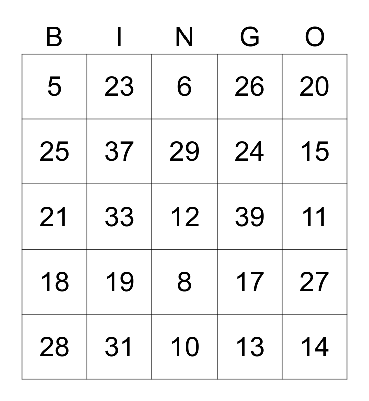 NUMBERS 1 TO 40 Bingo Card