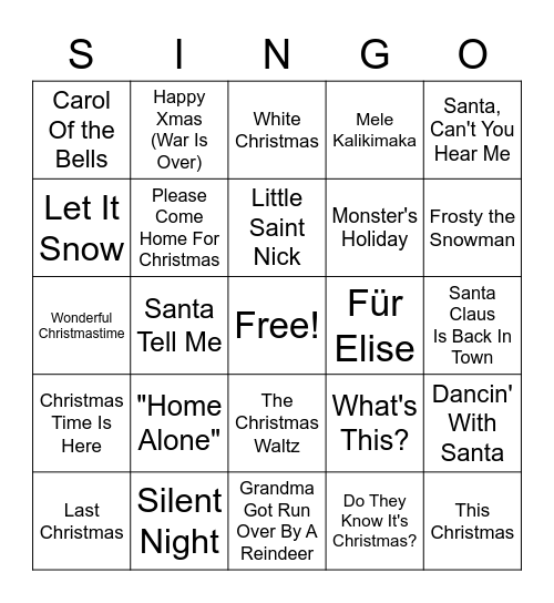 Christmas Singo Bingo Card