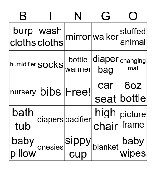 Karrington's Shower Bingo Card