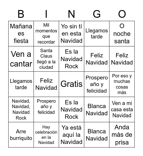 Holiday Music Spanish 1 2022 Bingo Card