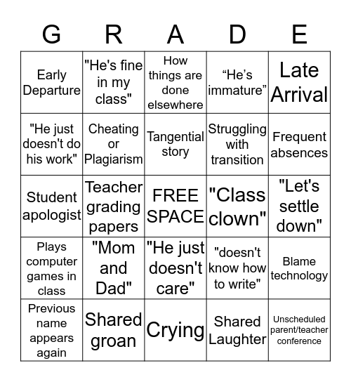 GLM Bingo Card