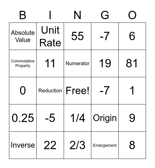 Math Bingo Card